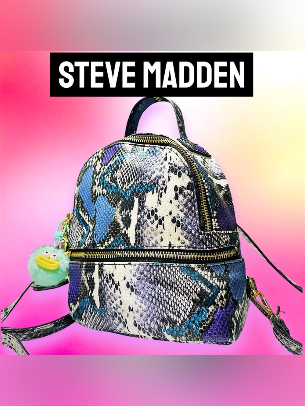 Rare Steve Madden Blue Purple White Snake-Print Mini Backpack